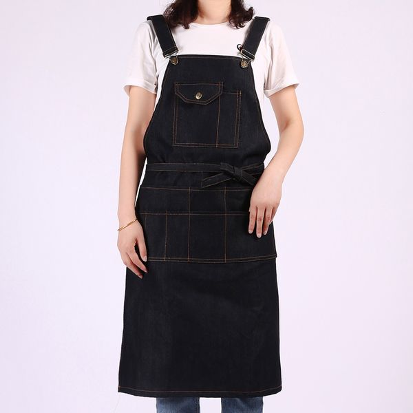 

fashion black denim apron for chef kitchen apron for woman men with tool pockets bbq adjustable m to xxl