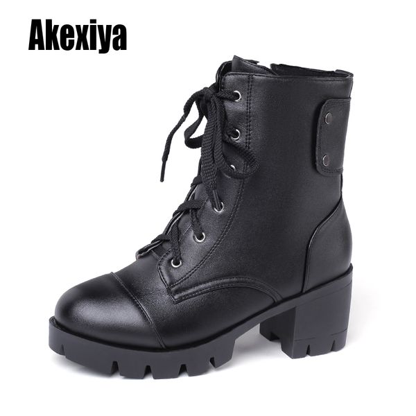 

fashion black boots women heel autumn winter lace-up soft leather low-heeled shoes woman party ankle boots high heels k385
