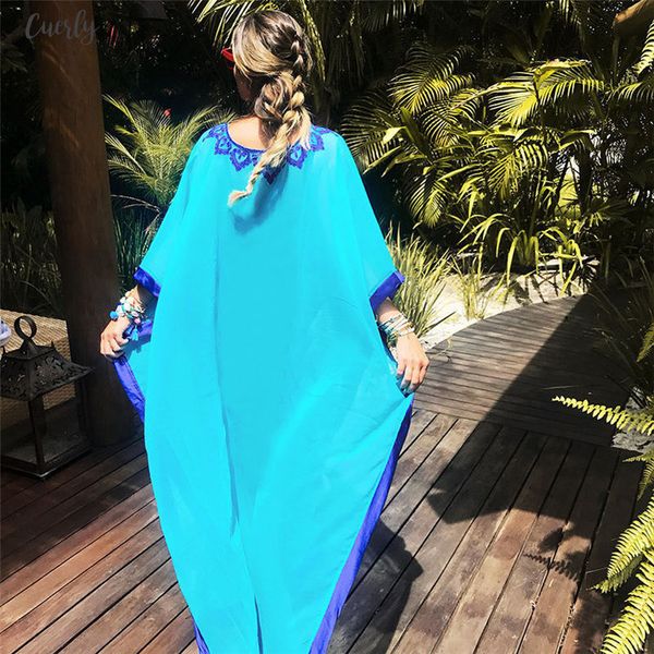 

2020 bohemian embroider summer beach dress chiffon tunic women plus size beachwear kaftan half maxi dress robe n746, Black;gray