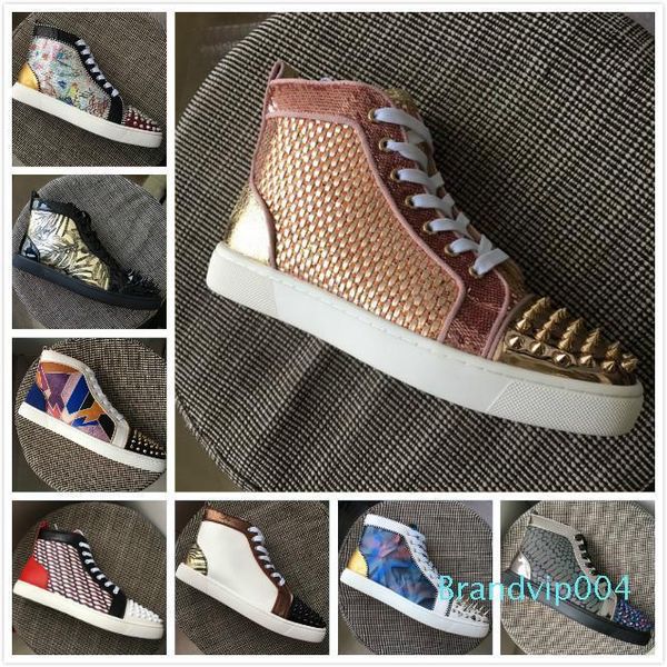 

new designer brand red bottoms men women pink patchwork leather gold spikes toe high casual shoes luxury trainers 35-47, Black