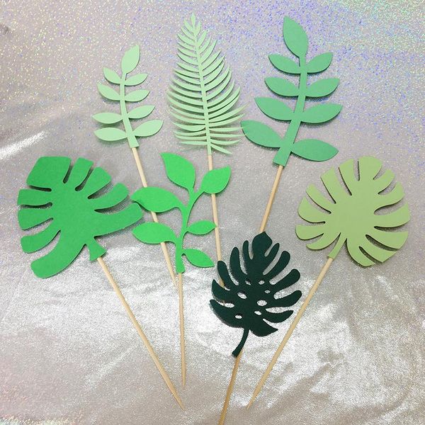 

7pcs cake decoration tools tropical style cake er flags wedding birthday party supplies green leaf shape insert card