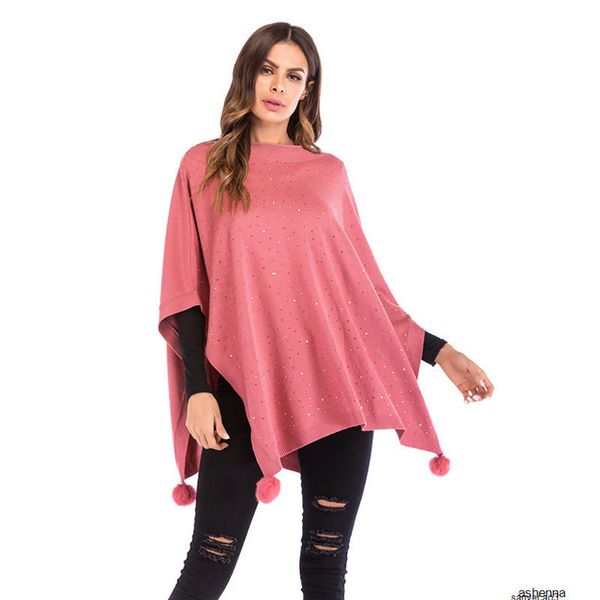 

womens designer sweater season seven-point sleeve fur ball cloak shawl diamond bat sleeve sweater womencwurh, White;black