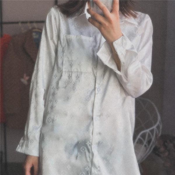 

women brand chiffon blouses 2020 fashion letter shirt long sleeve turn down collar office silk shirt blouse soft women, White