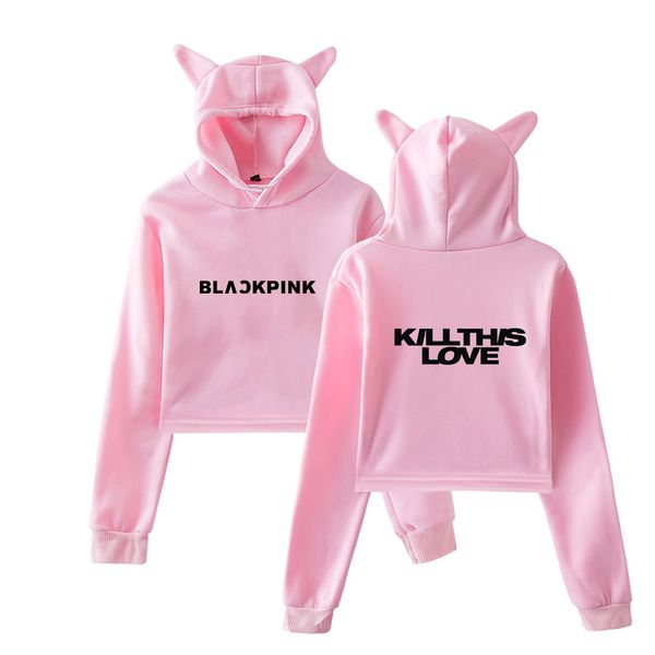 

new cropped hoodie kpop blackpink killthislove cat kawaii hoodie women fashion set seven points shirt 2019 streetwear cat ears, Black