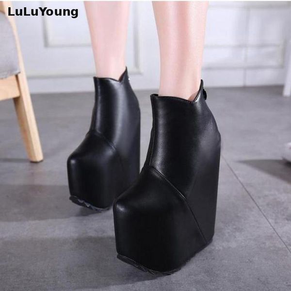 

19cm/ 20 cm high heel wedges ankle boots women hgih platform close toe back zipper booties, Black