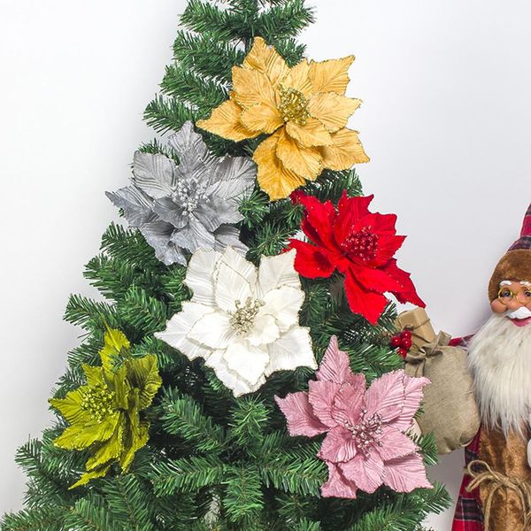 

1pc artificial flower head poinsettia silk flower fake diy christmas tree decoration home wedding party xmas decor
