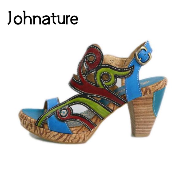 

sandals johnature genuine leather women 2021 summer retro mixed colors sewing buckle strap square heel casual shoes, Black