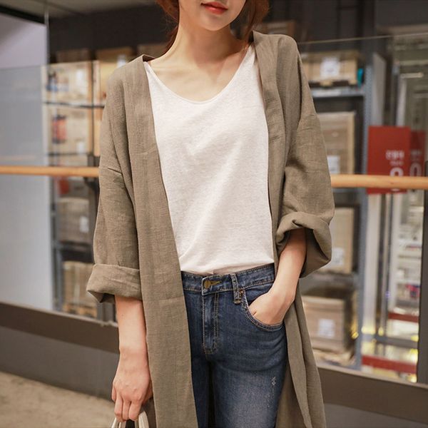 

medium long cotton sun protection clothing female autumn large size loose thin over knee cardigan trench coat streetwears, Tan;black