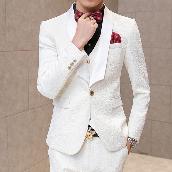 

asian size 2019 new groom wedding dress party tuxedo casual slim mens suit high-end quality boutique white 3d printed suit, White;black