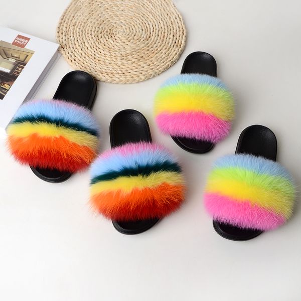 

luxury style women fur flat slides real fox fur slipper, Black