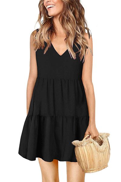 

solid color womens casual dresses fashion v neck sleeveless drape panelled womens designer dresses casual females clothing, Black;gray