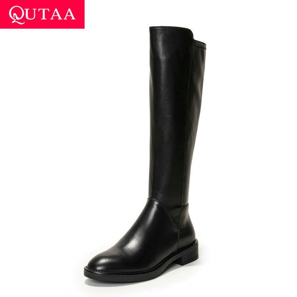 

qutaa 2020 women knee high boots cow leather pu cow suede long boots winter round toe low heel zipper women shoes big size 34-43, Black