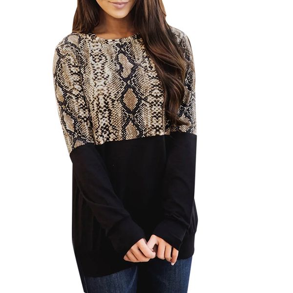 

snake print splice sweatshirt temperamental o-neck long sleeves casual patchwork blouse spring autumn women's sweatshirt, Black