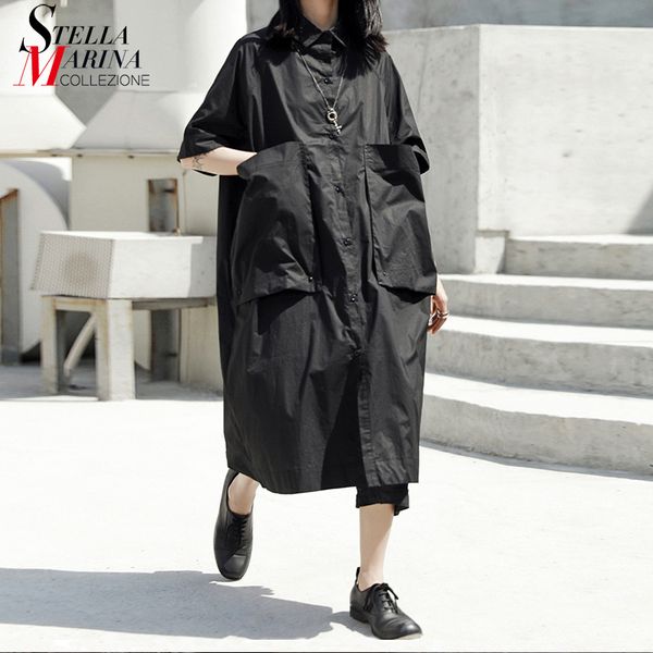 

2019 women summer clothes solid black plus size shirt dress pocket short-sleeve female casual wear long dress robe femme j074, Black;gray