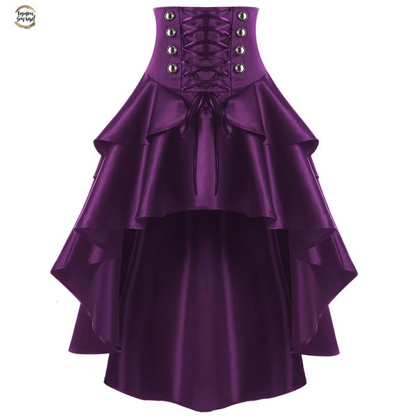 

lace women up waist ruffles skirts gothic style button punk corset party skirts swing irregular high low feminino skirts, Black