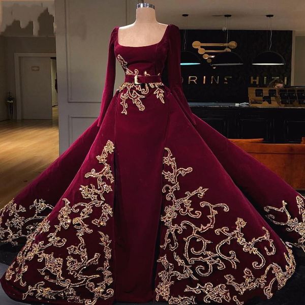 

2020 burgundy dubai overskirts evening dresses with appliques sash long sleeves prom dress square robes de soiree party gowns