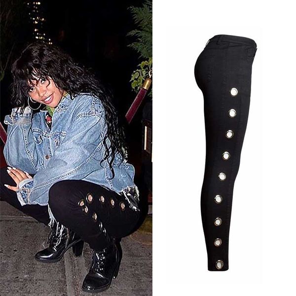 

women fashion wild rock punk jeans summer side hole slim streetwear club denim pants biker cool hip hop harajuku black trouser, Blue