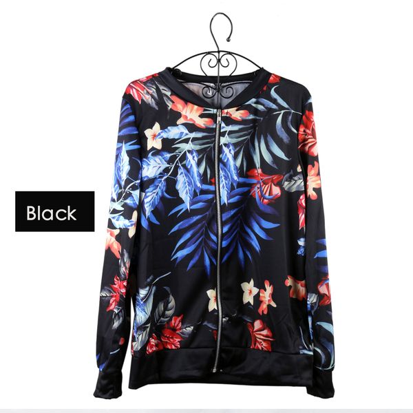 

8 colors women jackets flower floral print retro ladies zipper up short thin slim bomber jacket coats basic casual outerwear, Black;brown