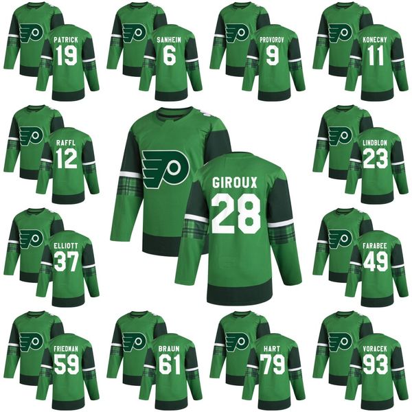 

28 claude giroux philadelphia flyers 2020 st. patrick's day jersey carter hart justin braun oskar lindblom jakub voracek justin braun h, Black