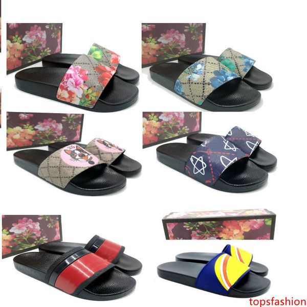 

2019 big size 35-48 flower black rubber slide slippers green red white stripe fashion design men women with classicflat
