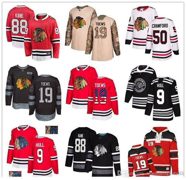 

custom chicago blackhawks jersey 9 bobby hull 88 patrick kane 19 jonathan toews 12 debrincat 50 crawford 64 keith usa flag hockey, Black;red