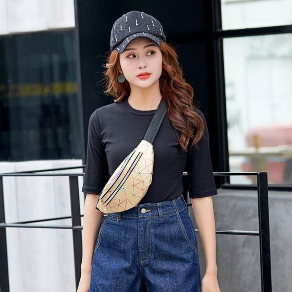 

geometric fanny waist bag women pu leather laser zipper chest crossbody packs pouch wallet sports outdoor pockets