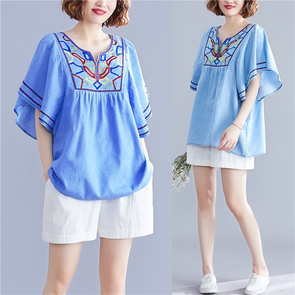 

2019 summer women denim shirt jean's womens floral jeans blouse plus size embroidery blouse casual camisa blusas, White