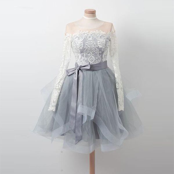 

vintage long sleeve homecoming dresses 2019 short knee length white lace tulle lady formal party gowns robe, White;black