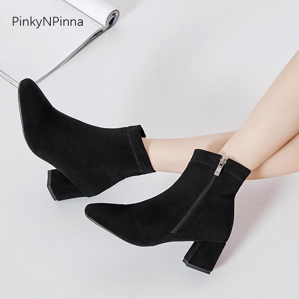 

women ankle boots stretchy fabric faux suede flock soft comfortable high chunky heels black inside zip winter ladies office shoes sale