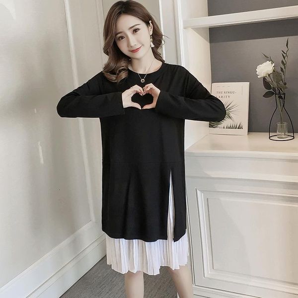 

korean version maternity temperament show lanky fund vent chiffon split joint will code autumn pregnant woman pregnancy dress, White