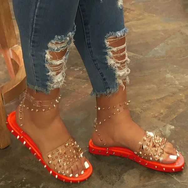 

2020 new summer sandals transparent buckle beach shoes flat heel rivet platform peep toe ankle buckle sandals plus size 35-43, Black