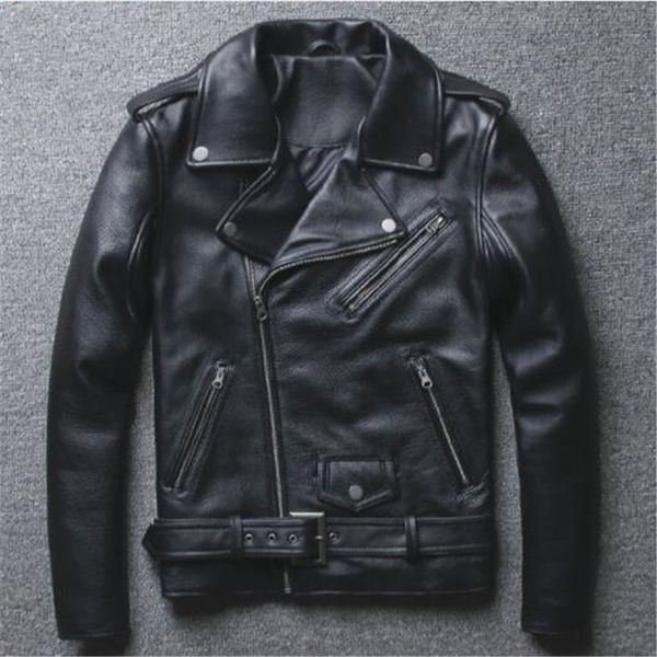 

mens genuine leather jacket motorcycle jacket black cowhide biker real leather coat men slim fit zippers clothes