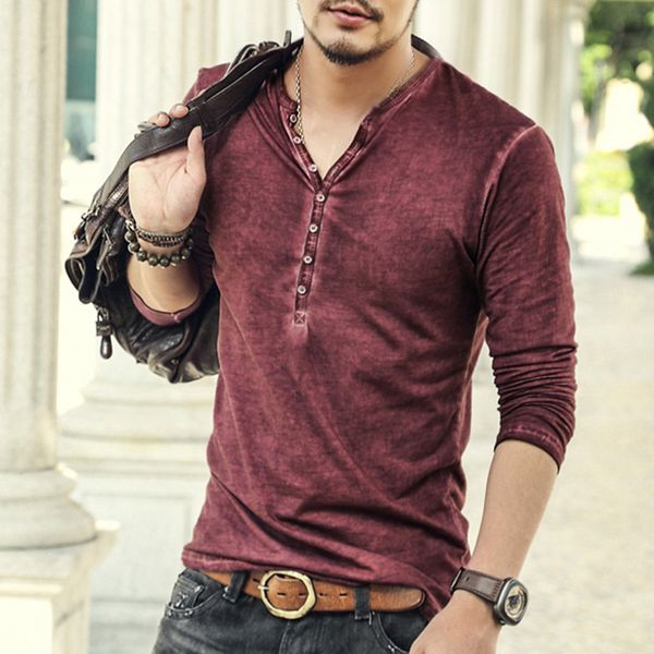 

Brand Designer Men Cotton Vintage Henry T Shirts Casual Long Sleeve High Quality Men Old Color Cardigan T Shirt 2016 Hot Sale