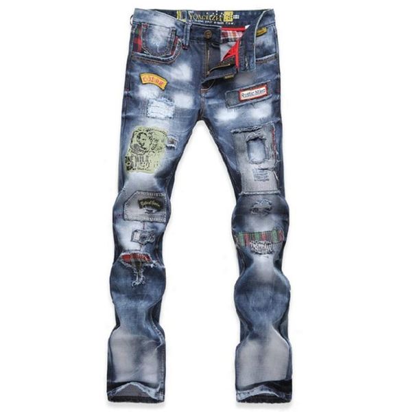 

ripped pants slim fit hiphop skateboard jean pants mens designer denim jeans fashion washed, Blue