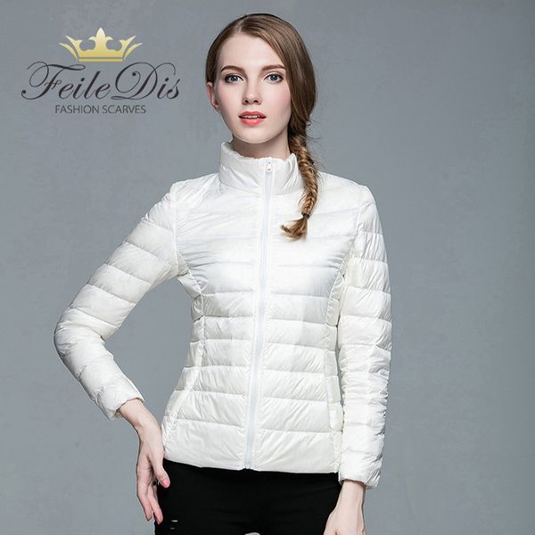 

feiledis]winter women stand collar 90% white duck down jacket female ultra light down jackets slim long sleeve rs001, Black