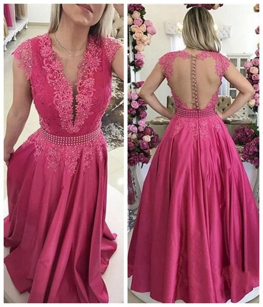 

pink hollow back lace evening dresses formal gowns deep v neck applique beaded a line satin with sleeves prom party dress cheap, Black;red