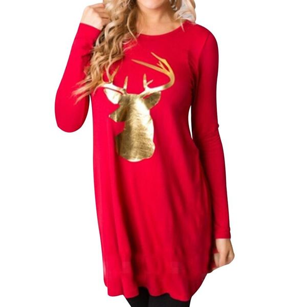 

2019 fashion christmas golden fawn print long sleeve women t-shirt with round collar red navy blue t-shirt casual style shirt, White