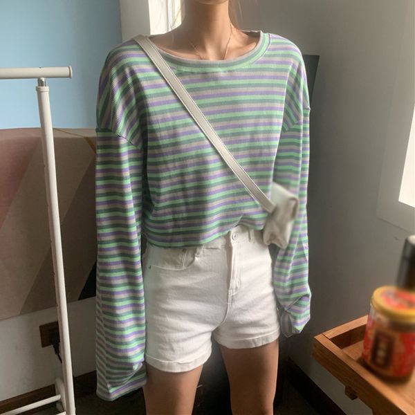 

women round neck stripes cropped loose pullover sweatshirt plus size shirts, Black