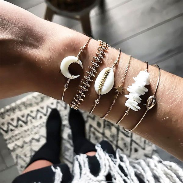 

classic female bracelets moon shell beads star stone open gold bracelet set fashion women bangle party jewelry accessories, Black