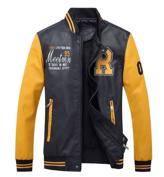 

2019 new baseball jacket embroidered leather pu coats slim fit college fleece pilot jackets men's stand collar jacket coat, Black;brown