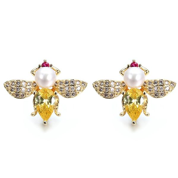 

pearl earrings freshwater pearl inlaid zircon cute bee stud earrings for women party trendy fine jewelry girl gift, Golden;silver