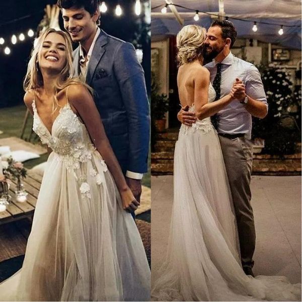 

bohemian boho spaghetti straps wedding dresses 2019 beach summer applique backless lace bride dress arabic bridal ball wedding gowns