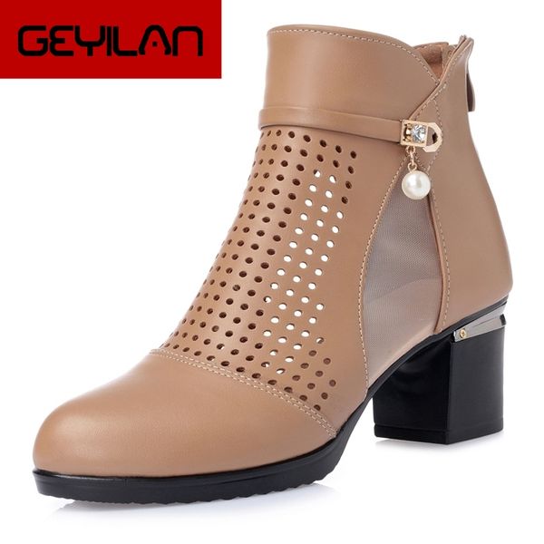 

new summer ankle boots for women fashion cut-outs sandals ladies thick high heels shoes leather woman plus size 35-43, Black