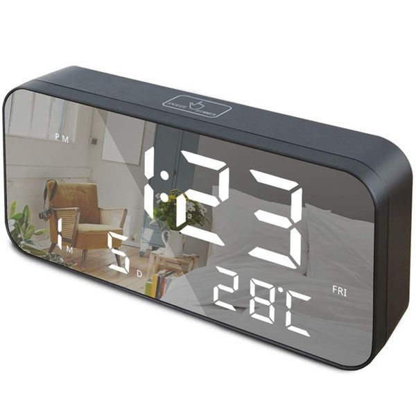 

9.6 inch large led digital alarm clock, usb charging port and battery backup, temperature, date, snooze, adjustable brightness