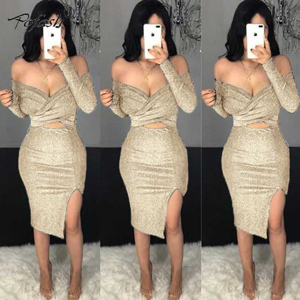 

pofash off shoulder ruched glitter party dress long sleeve green sequin gold lurex bodycon dress hollow out midi slit sexy, Black;gray