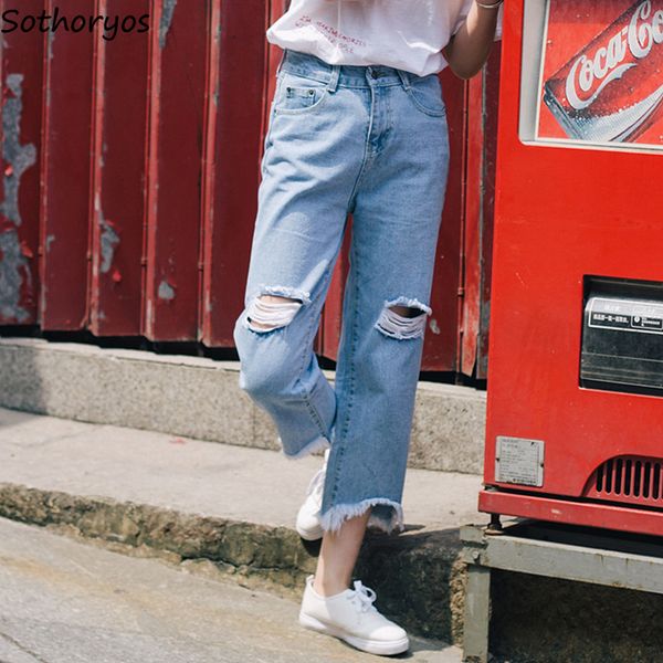

jeans women ulzzang all-match streetwear hole 2019 new korean style high waist loose student leisure womens trousers chic casual, Blue