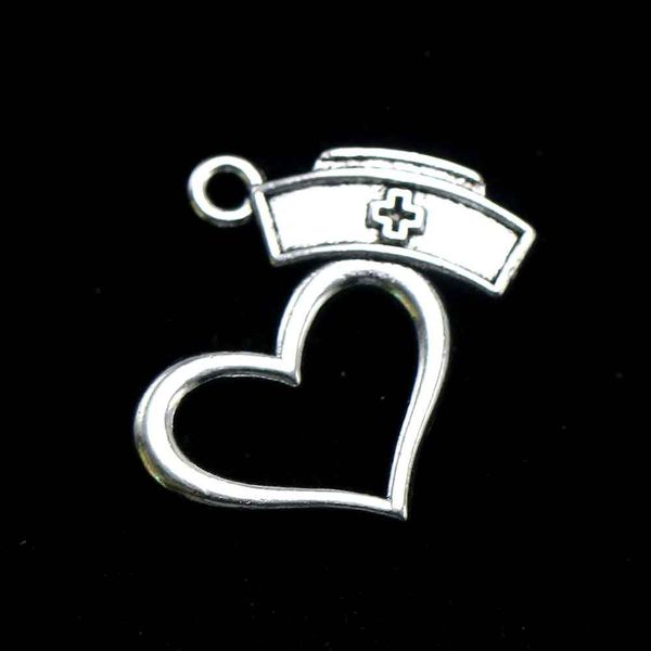 

100pcs/bag ancient silver 23*20mm nurse cap love heart medical supplies charms pendant jewelry fit making necklace bracelet accessories gift, Bronze;silver