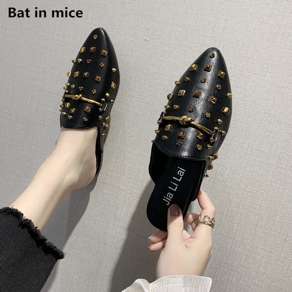 

2020 fashion pu leather shoes woman pointed toe low heel slippers party office slippers shoes women mujer w205, Black