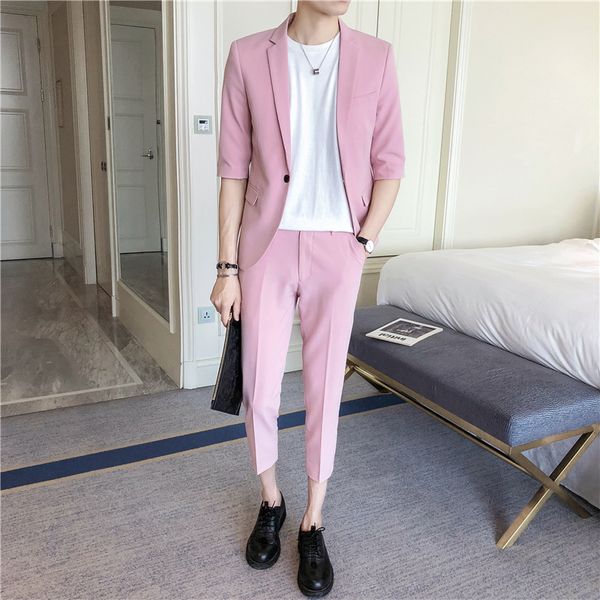 

2019 spring and summer new business men's suits fashion casual slim suit solid color social host two-piece suit large size s-4xl, White;black