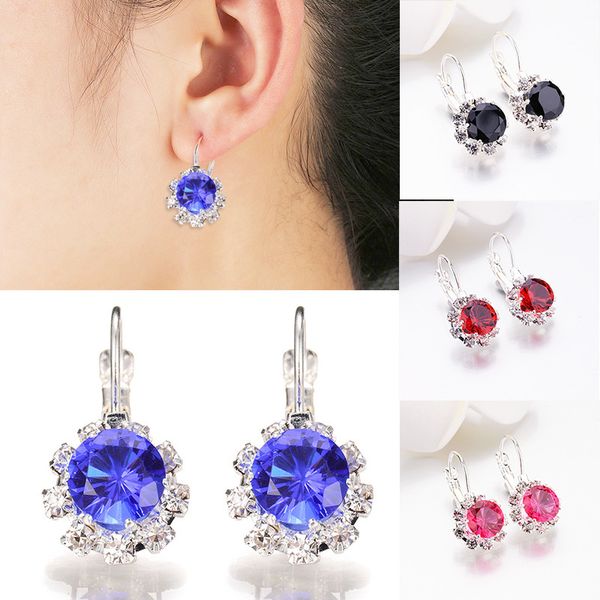 

new wedding jewelry crystal 1pair zirconia big gem stone earrings blue rhinestone earrings for women pendient 6 colors, Silver